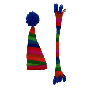 VTG Colorful Knitted Pompom Hat & Scarf Fashion Doll Winter Holiday Accessories